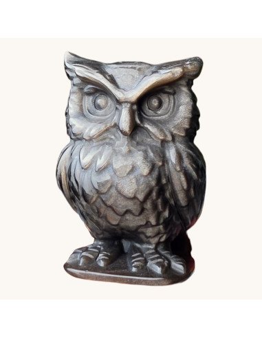 Hibou en Obsidienne Argentée – Sculpture en Pierre Naturelle