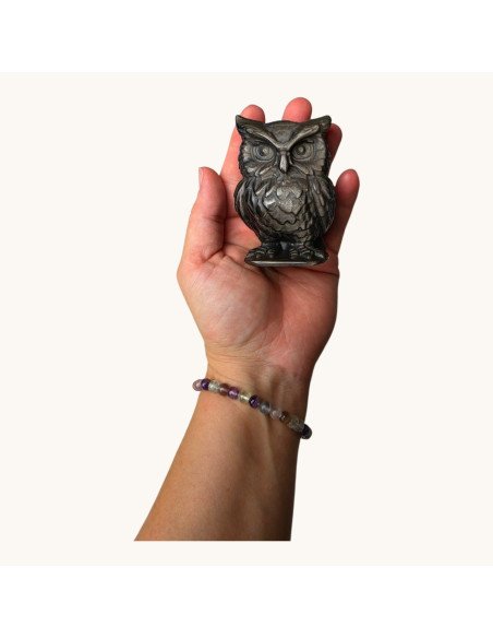 Hibou en Obsidienne Argentée – Sculpture en Pierre Naturelle